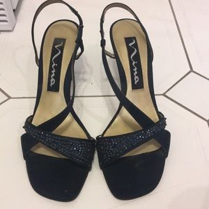 Navy blue satin top, leather sole, 6.5